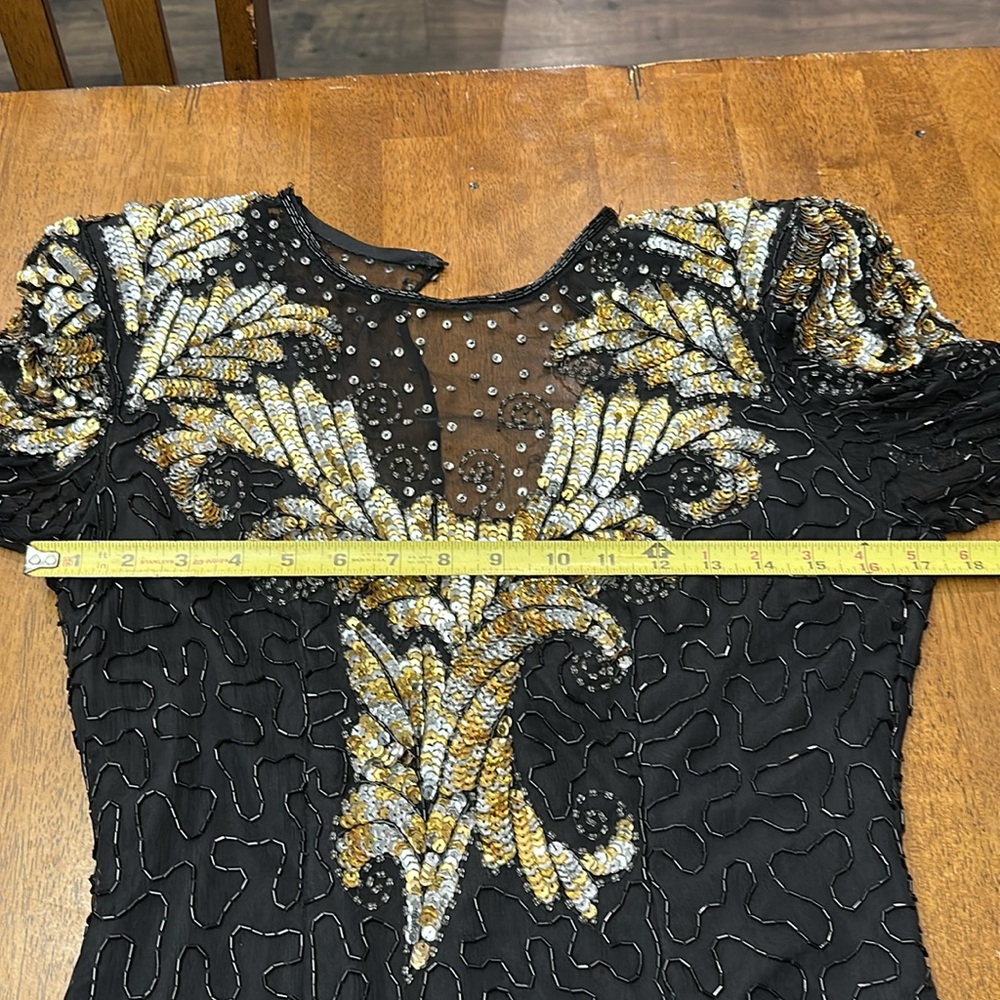 VINTAGE Laurence Kazar Pure Silk Beaded Dress Size Small, Black Gold & Sequin - Picture 14 of 15